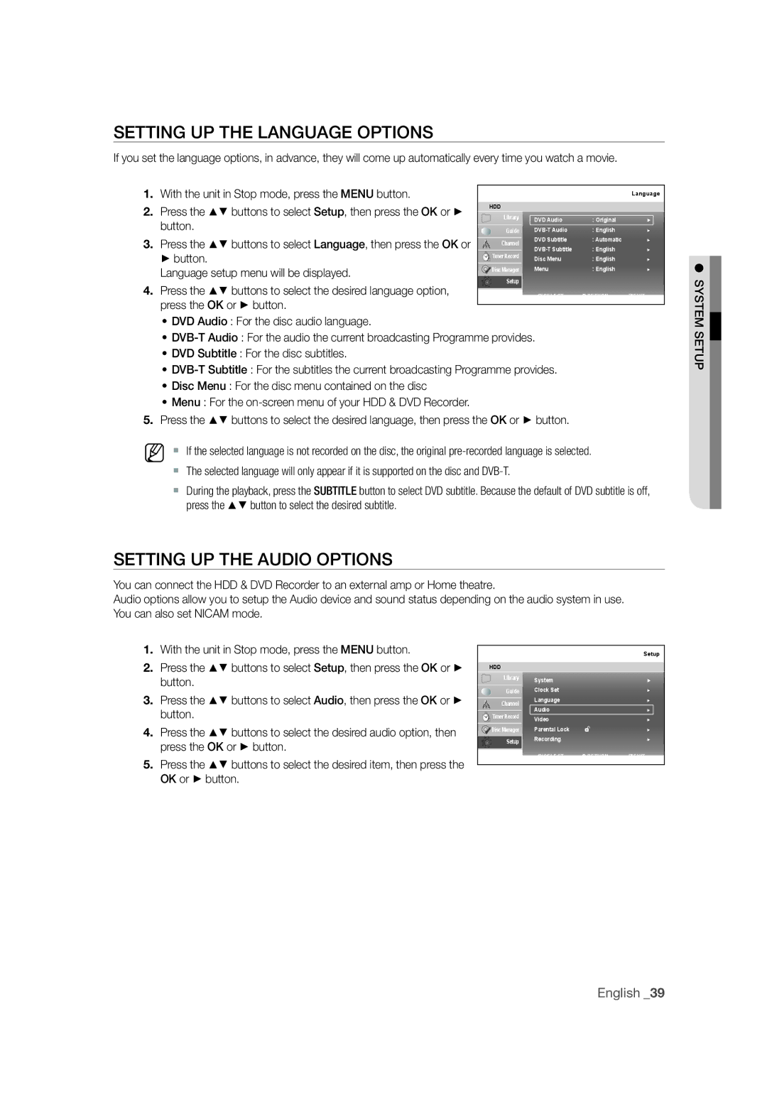 Samsung DVD-SH871M/XEU manual Setting UP the Language Options, Setting UP the Audio Options 