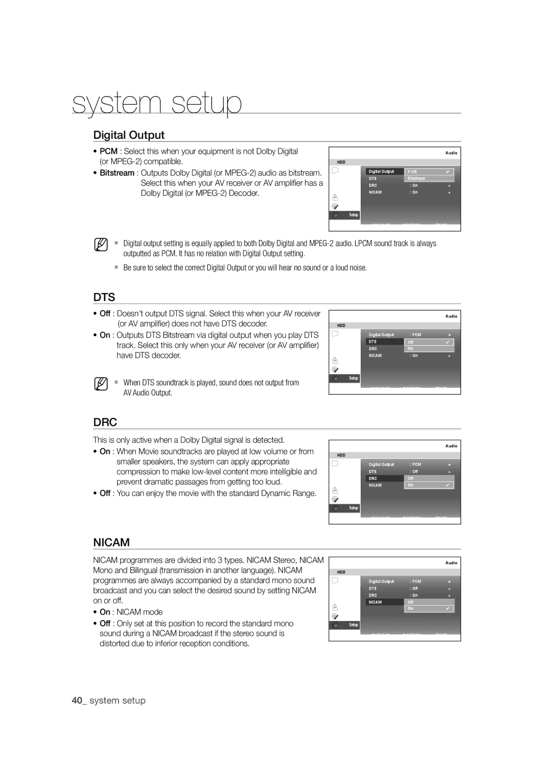 Samsung DVD-SH871M/XEU manual Digital Output, This is only active when a Dolby Digital signal is detected, On Nicam mode 