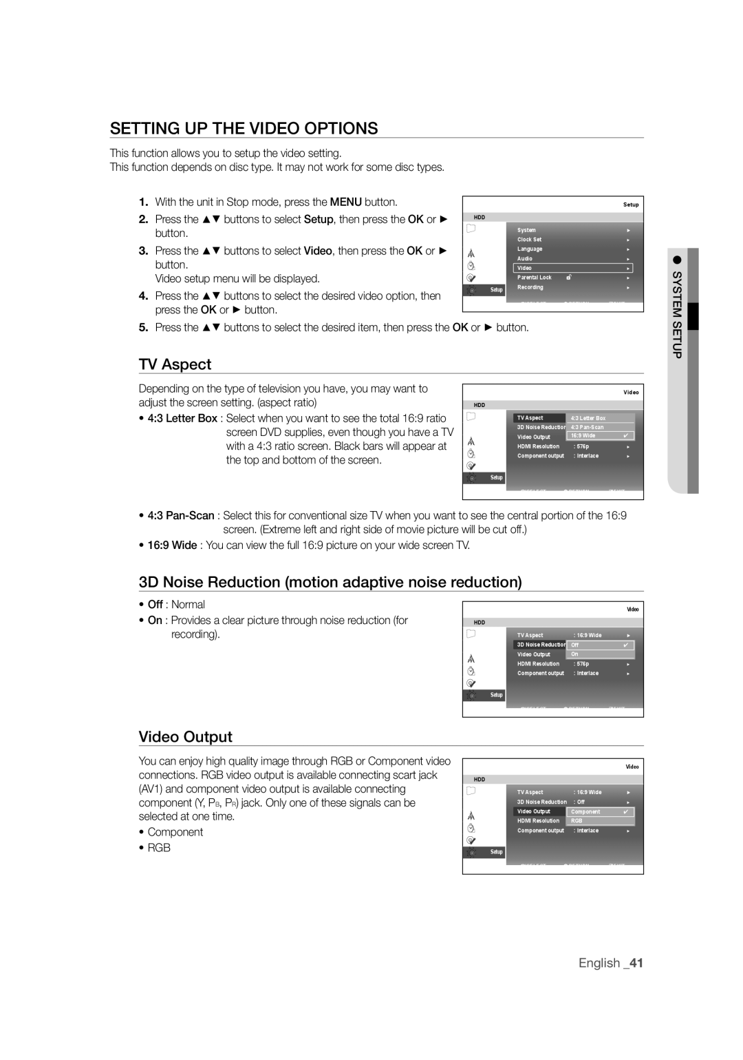 Samsung DVD-SH871M/XEU Setting UP the Video Options, 3D Noise Reduction motion adaptive noise reduction, Video Output, Rgb 