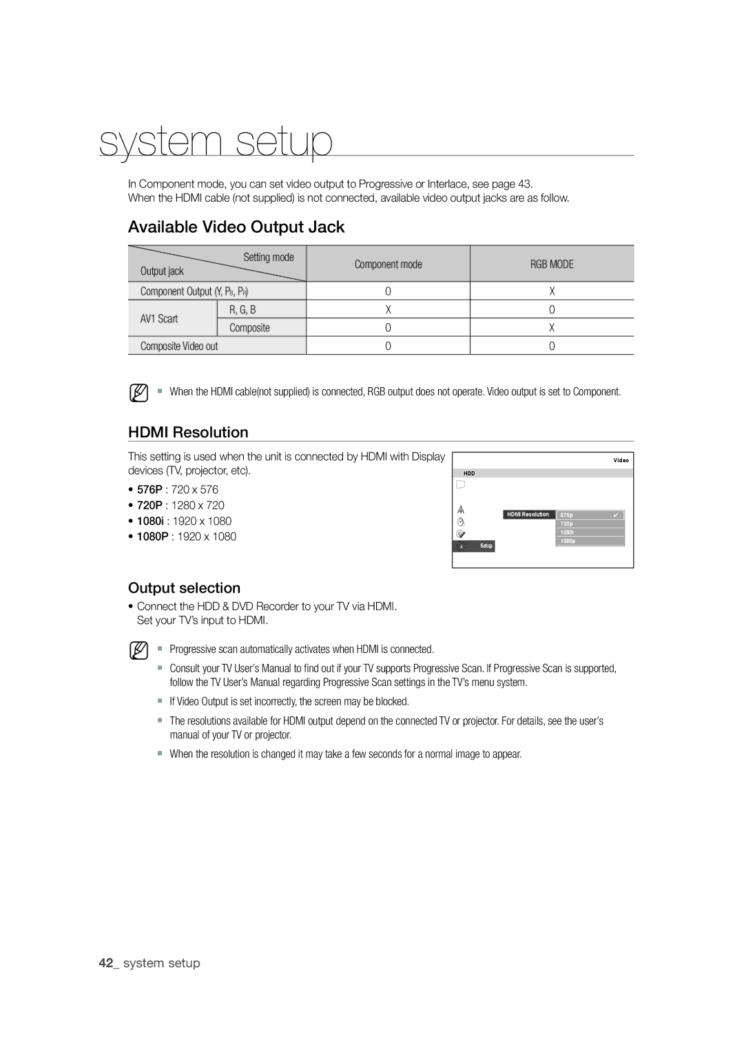 Samsung DVD-SH871M/XEU manual Hdmi Resolution, Output selection, Setting mode, Output jack 