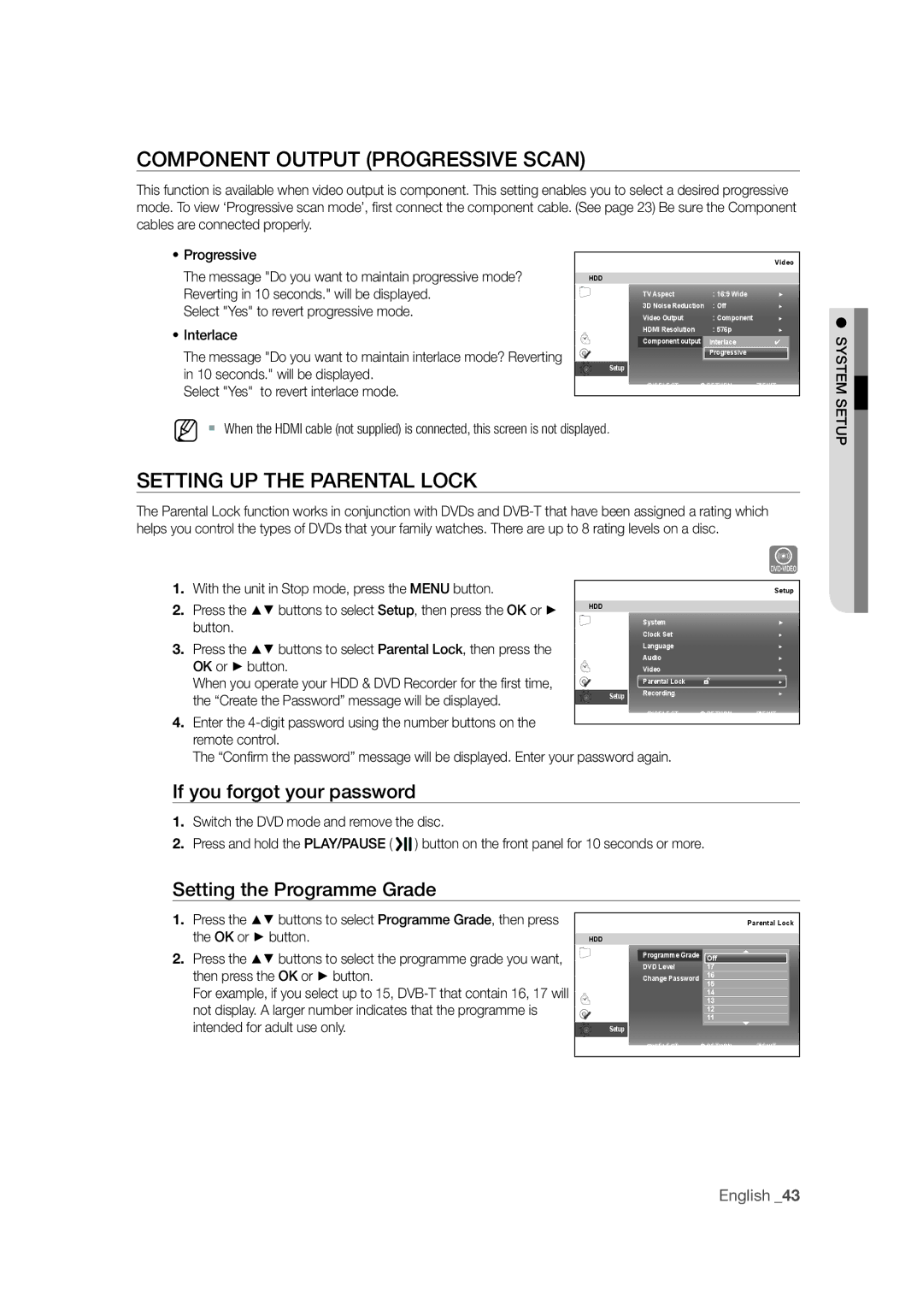 Samsung DVD-SH871M/XEU manual Component Output Progressive Scan, Setting UP the Parental Lock, If you forgot your password 