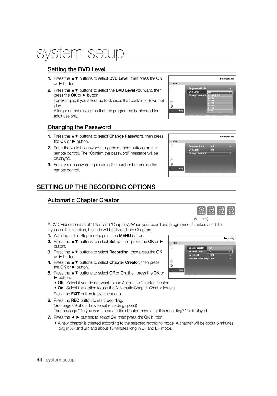 Samsung DVD-SH871M/XEU manual Cvkl, Setting UP the Recording Options, Setting the DVD Level, Changing the Password 