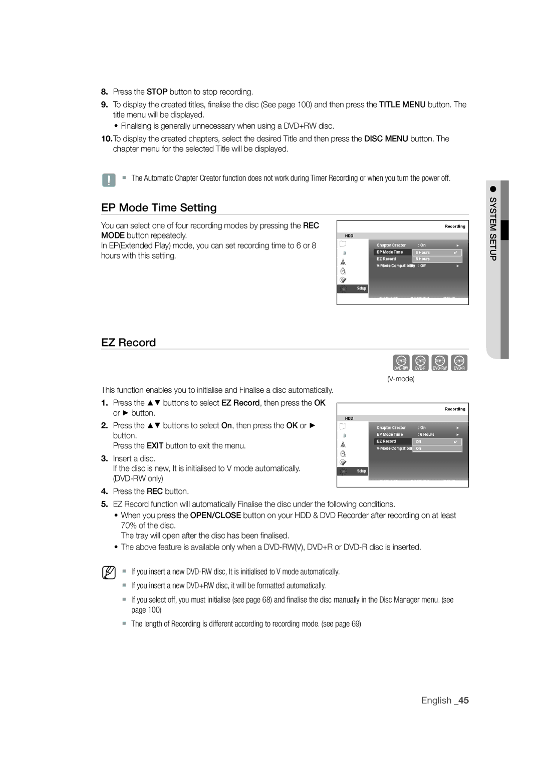 Samsung DVD-SH871M/XEU manual EP Mode Time Setting, EZ Record 