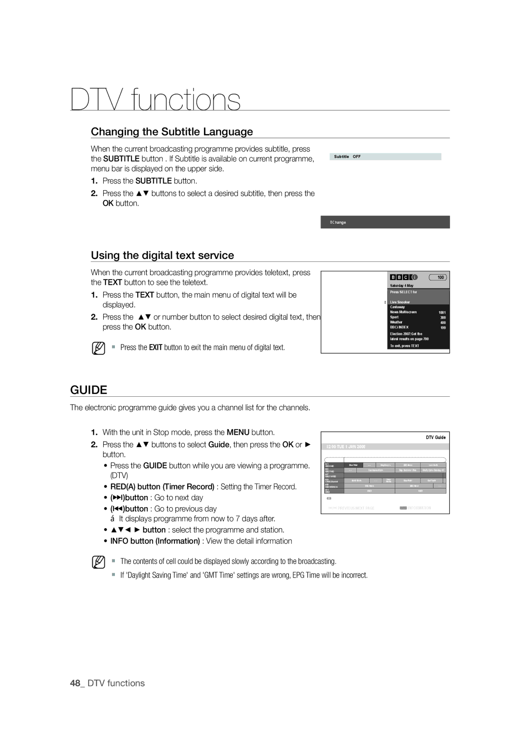 Samsung DVD-SH871M/XEU manual Guide, Changing the Subtitle Language, Using the digital text service 