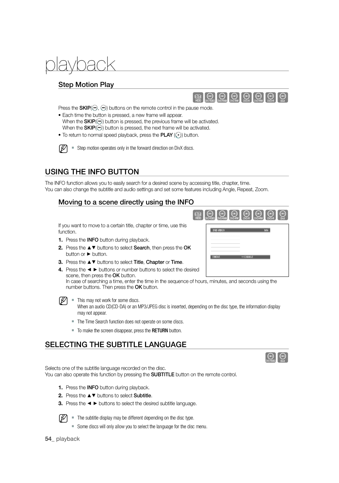 Samsung DVD-SH871M/XEU manual Using the Info Button, Selecting the Subtitle Language, Step Motion Play 