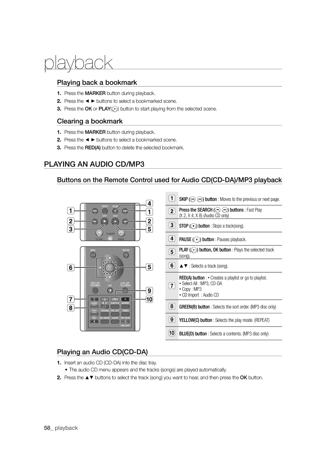 Samsung DVD-SH871M/XEU Playing AN Audio CD/MP3, Playing back a bookmark, Clearing a bookmark, Playing an Audio CDCD-DA 