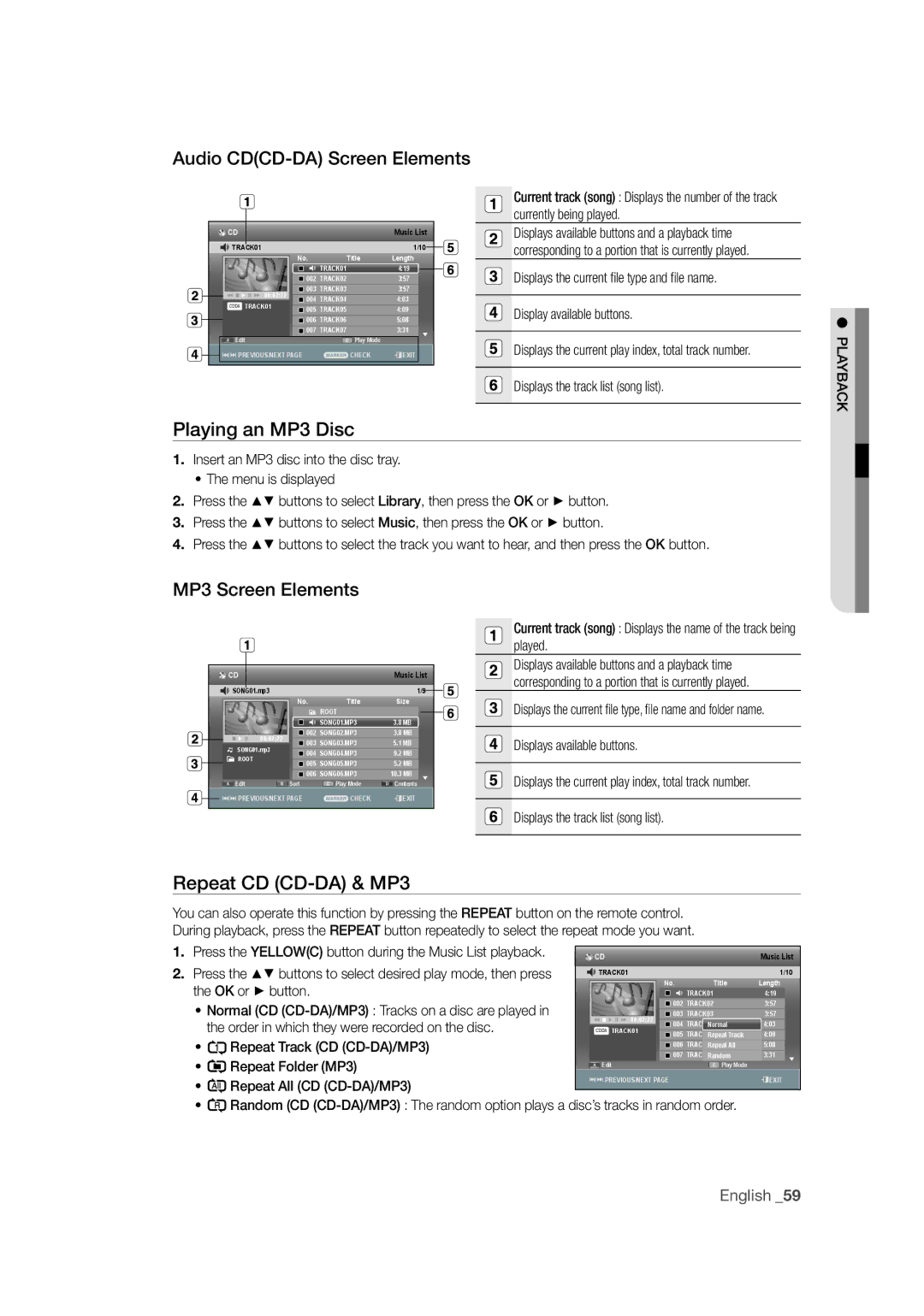 Samsung DVD-SH871M/XEU Audio CDCD-DA Screen Elements, Playing an MP3 Disc, MP3 Screen Elements, Repeat CD CD-DA & MP3 