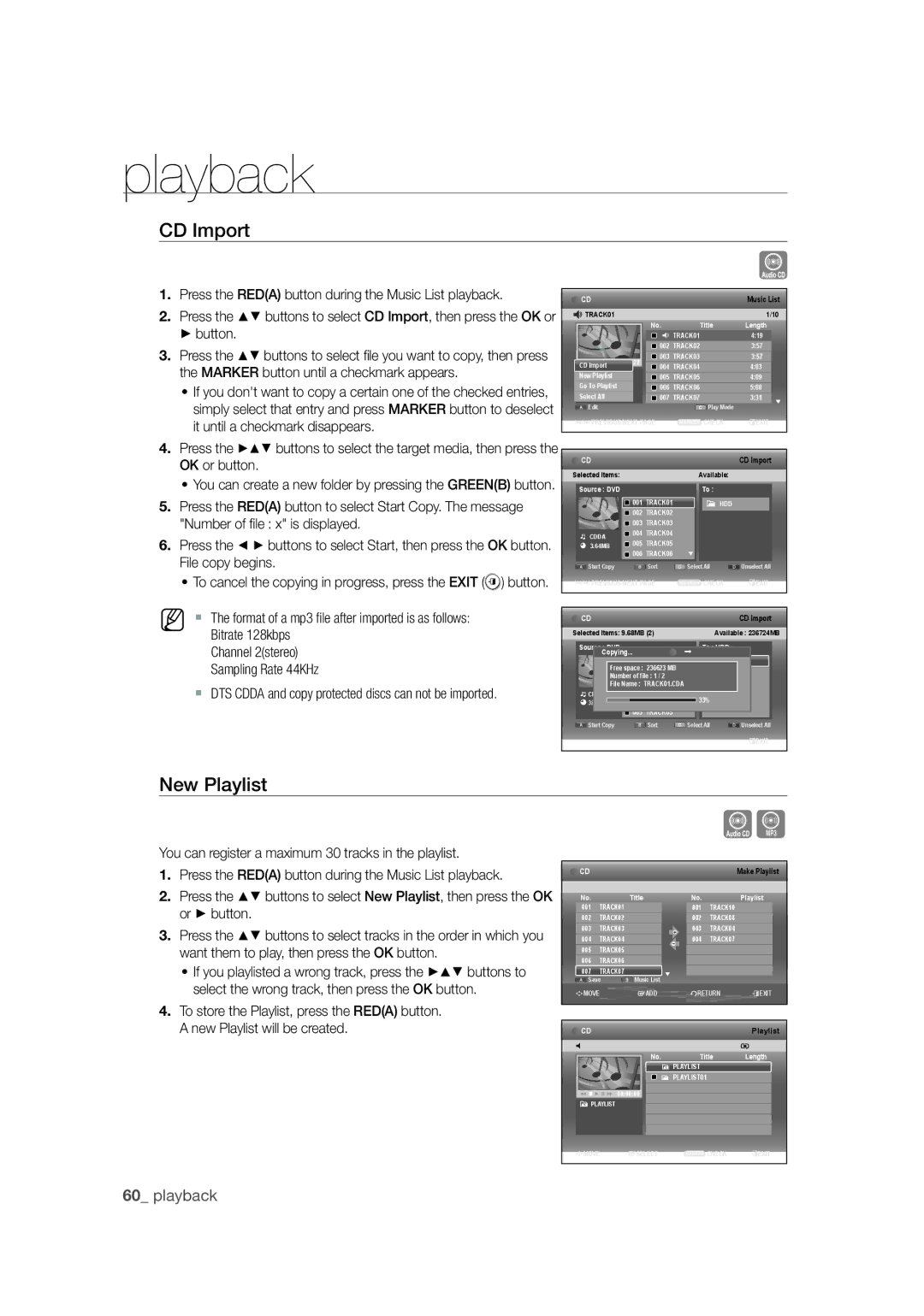 Samsung DVD-SH871M/XEU manual CD Import, New Playlist,  DTS Cdda and copy protected discs can not be imported 