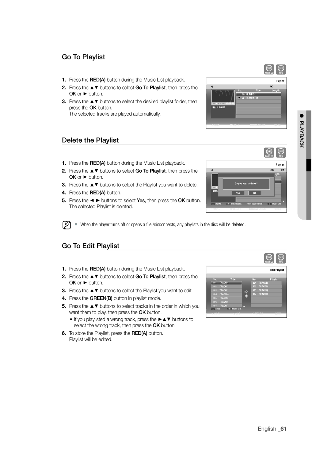 Samsung DVD-SH871M/XEU Go To Playlist, Delete the Playlist, Go To Edit Playlist, Press the Greenb button in playlist mode 