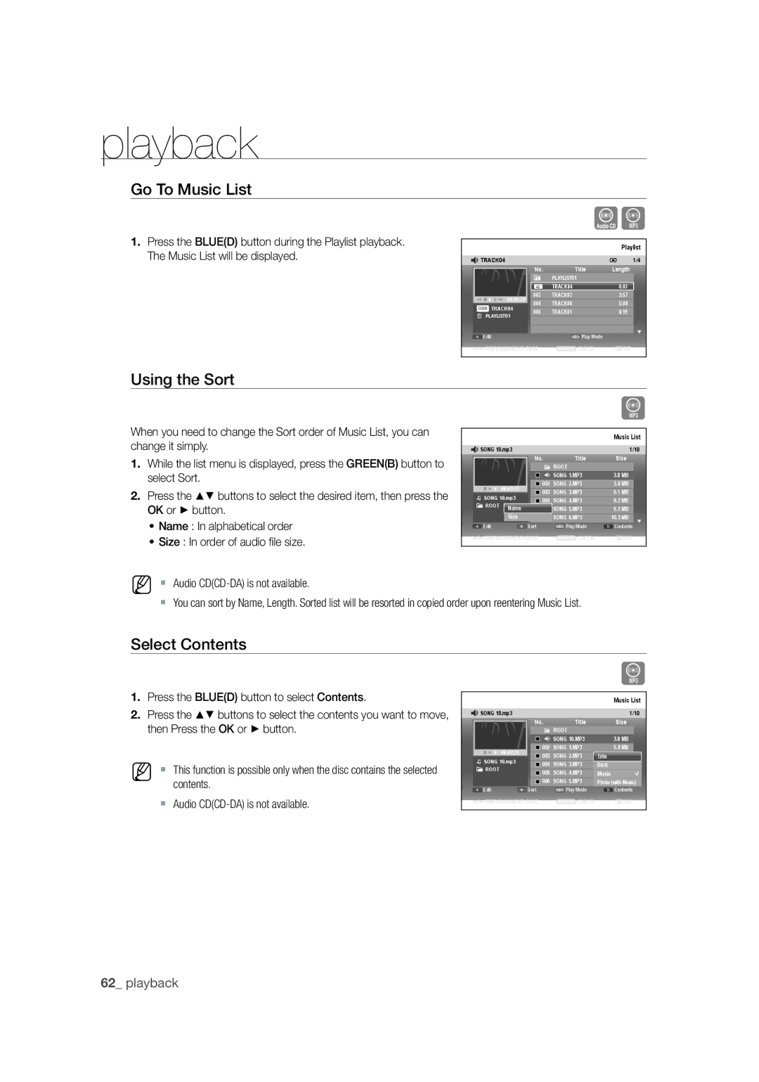 Samsung DVD-SH871M/XEU manual Go To Music List, Using the Sort, Select Contents 