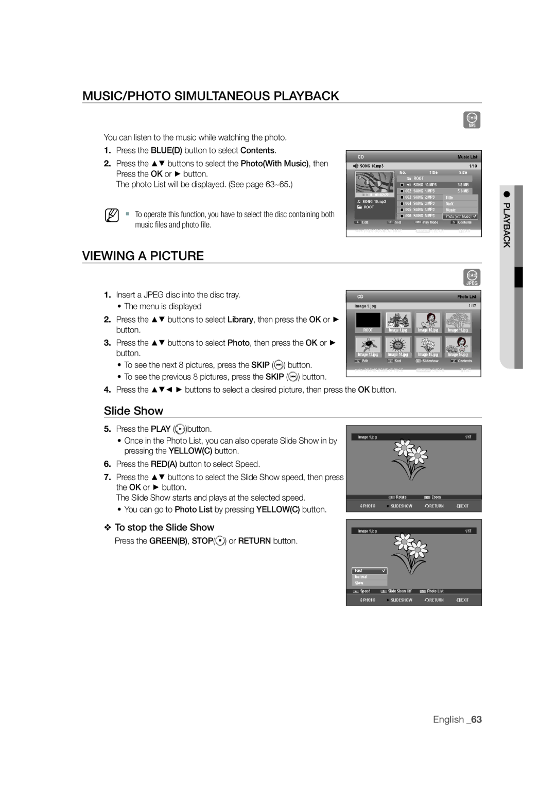 Samsung DVD-SH871M/XEU manual MUSIC/PHOTO Simultaneous Playback, Viewing a Picture, Slide Show 