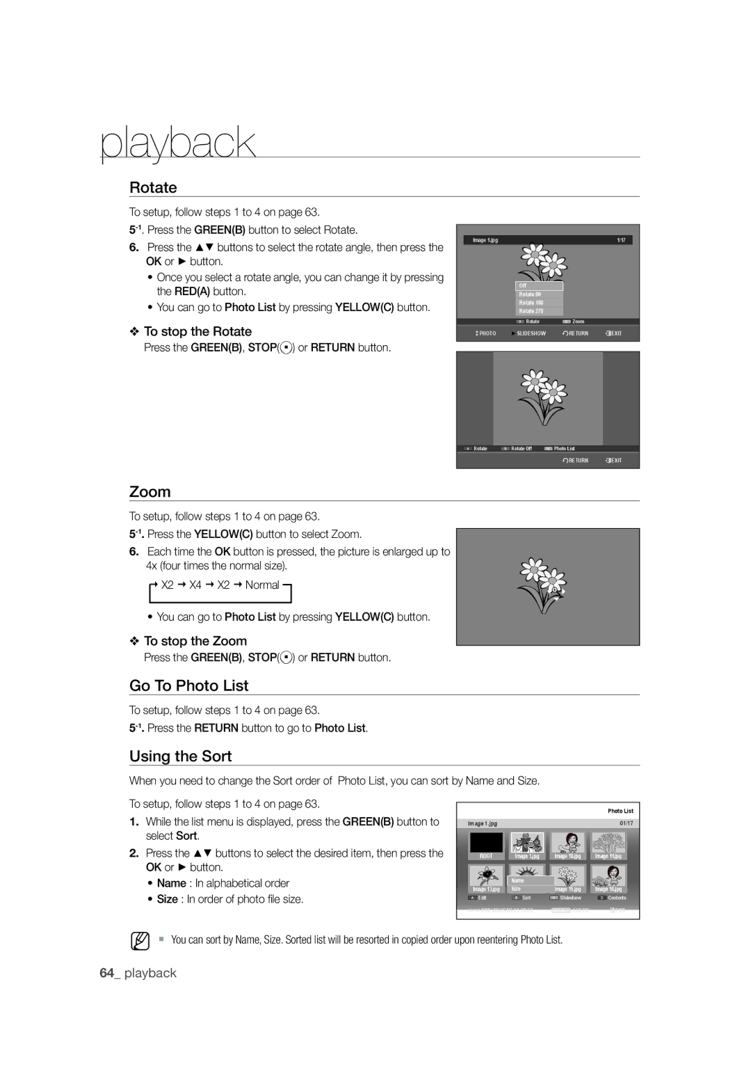 Samsung DVD-SH871M/XEU manual Rotate, Zoom, Go To Photo List, You can go to Photo List by pressing Yellowc button 