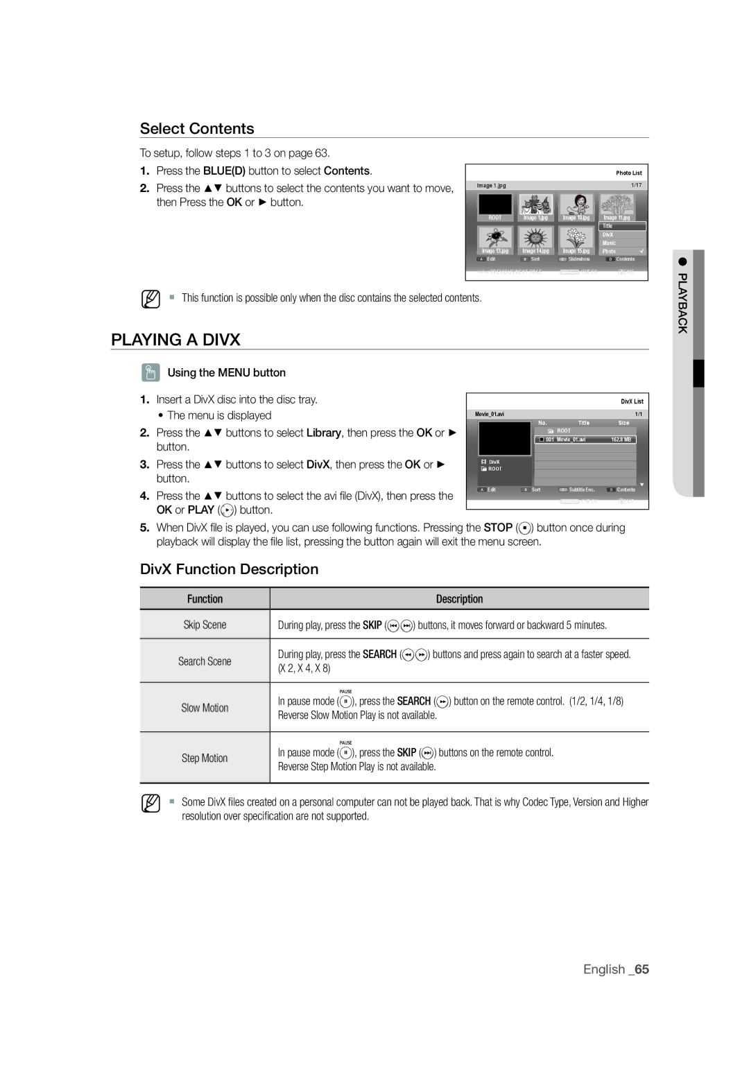 Samsung DVD-SH871M/XEU manual DivX Function Description, Using the Menu button Insert a DivX disc into the disc tray 