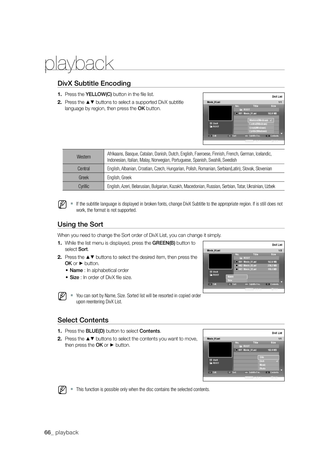 Samsung DVD-SH871M/XEU manual DivX Subtitle Encoding, Press the Yellowc button in the ﬁ le list, Western, English, Greek 