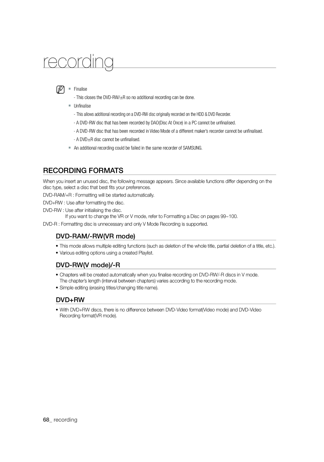 Samsung DVD-SH871M/XEU manual Recording Formats, DVD-RAM/-RWVR mode, DVD-RWV mode/-R 