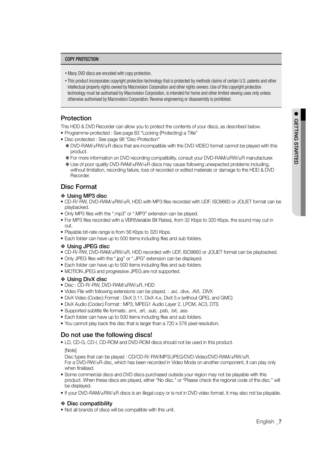 Samsung DVD-SH871M/XEU manual Disc Format, Do not use the following discs, Copy Protection 