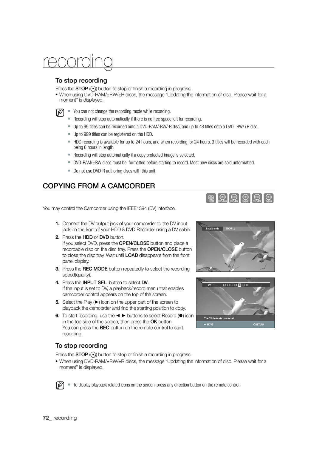 Samsung DVD-SH871M/XEU Copying from a Camcorder, To stop recording,  Do not use DVD-R authoring discs with this unit 