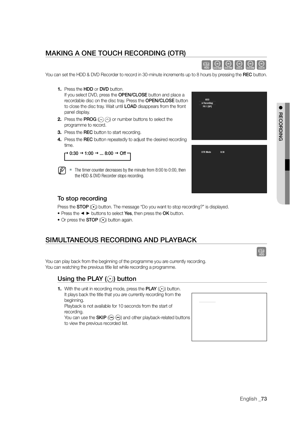 Samsung DVD-SH871M/XEU manual Making a ONE Touch Recording OTR, Simultaneous Recording and Playback, Using the Play button 