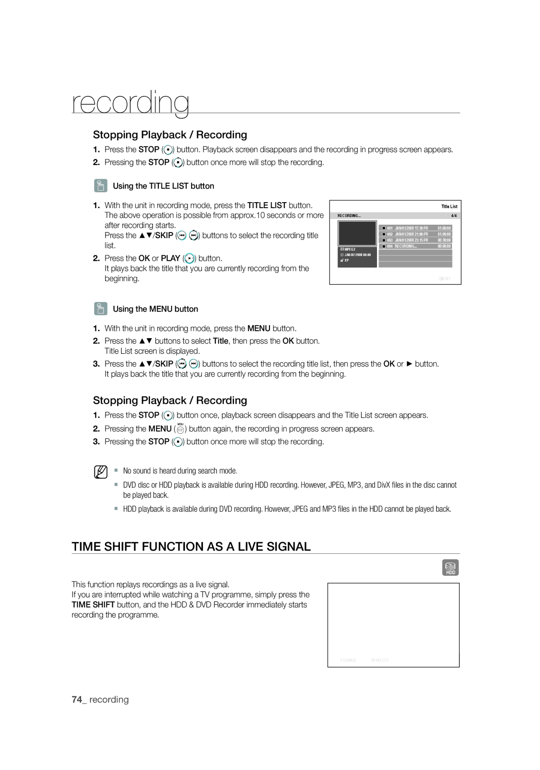 Samsung DVD-SH871M/XEU manual Time Shift Function AS a Live Signal, Stopping Playback / Recording 