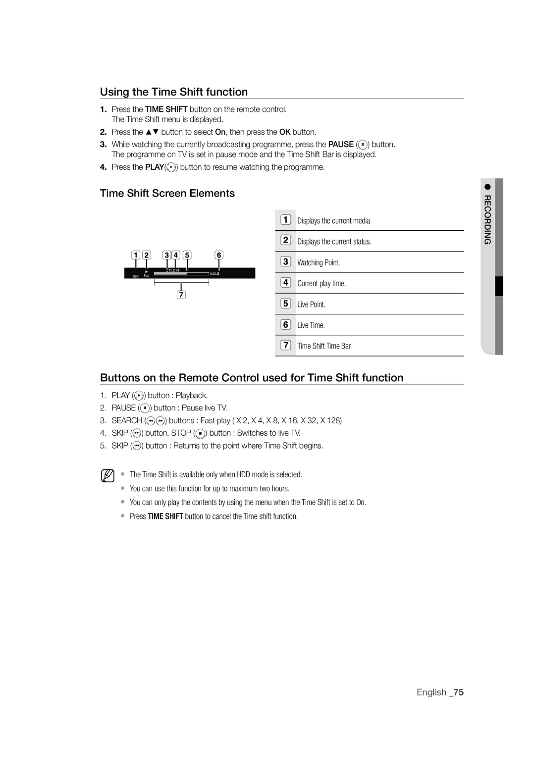 Samsung DVD-SH871M/XEU Using the Time Shift function, Time Shift Screen Elements, Live Point Live Time Time Shift Time Bar 