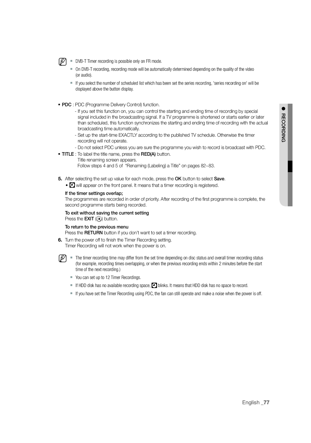 Samsung DVD-SH871M/XEU manual  You can set up to 12 Timer Recordings 