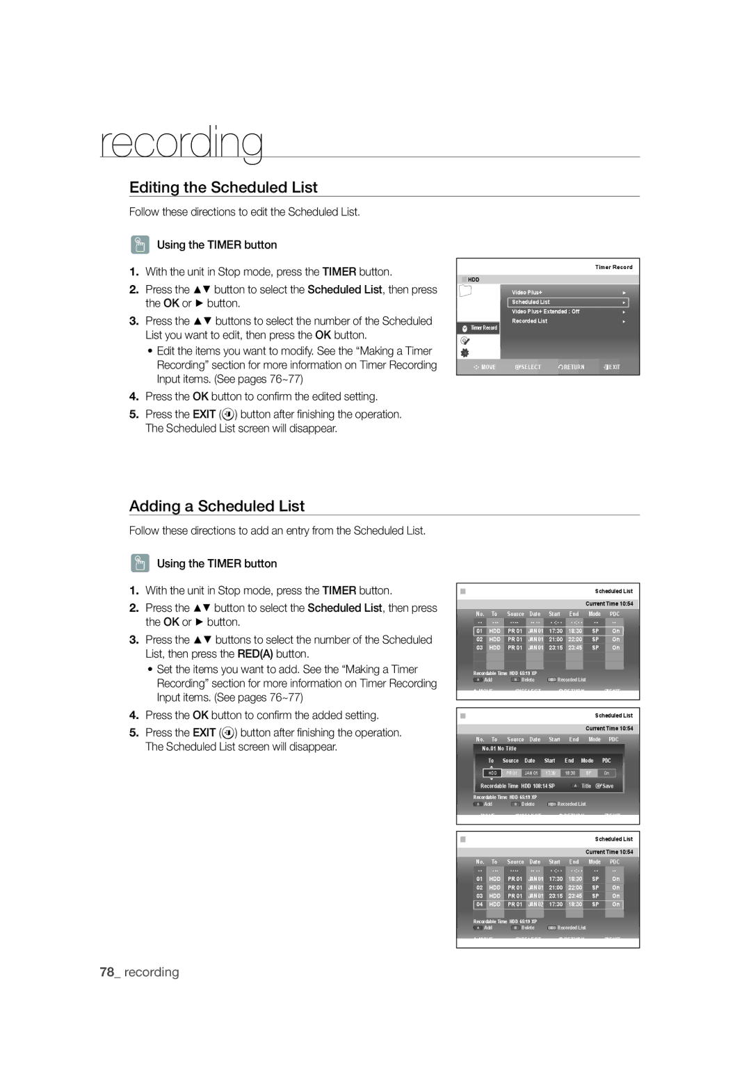 Samsung DVD-SH871M/XEU manual Editing the Scheduled List, Adding a Scheduled List 