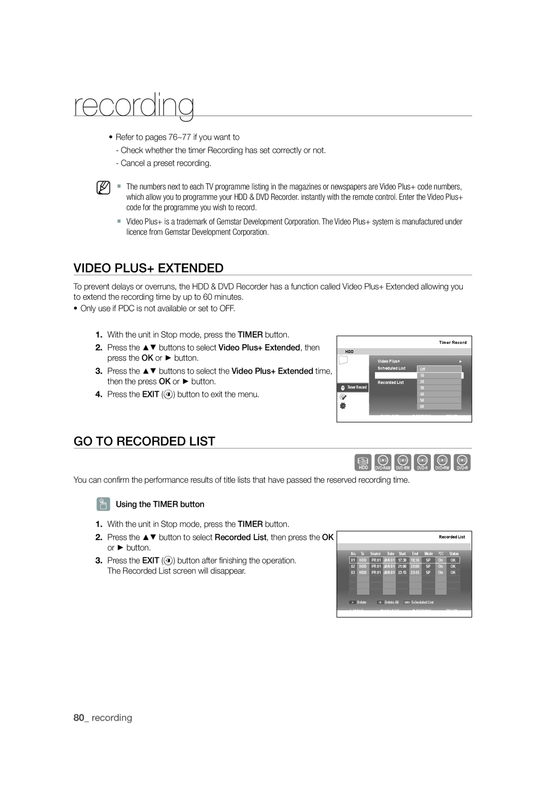 Samsung DVD-SH871M/XEU Video PLUS+ Extended, GO to Recorded List, Press the Exit button after ﬁ nishing the operation 