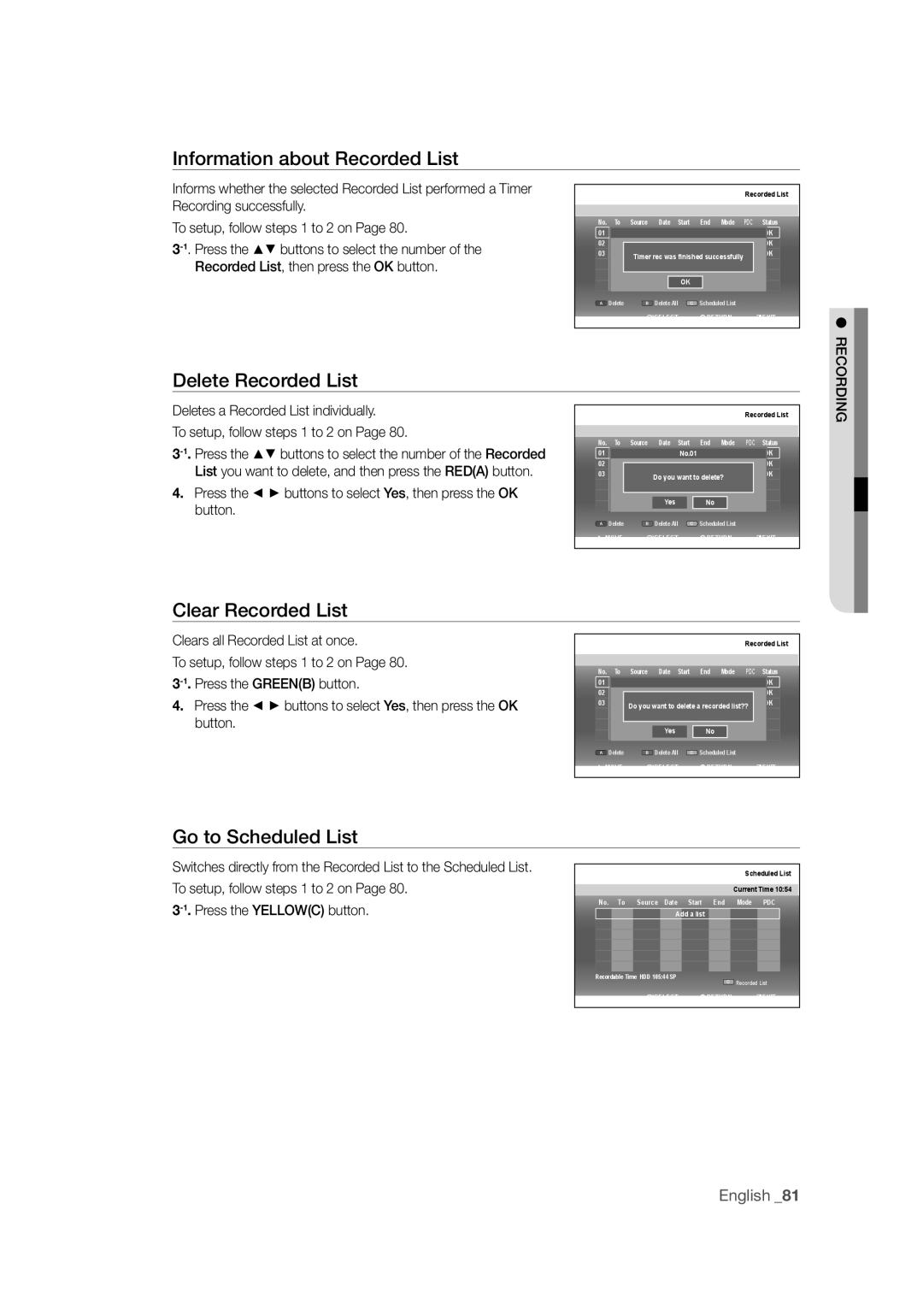 Samsung DVD-SH871M/XEU Information about Recorded List, Delete Recorded List, Clear Recorded List, Go to Scheduled List 