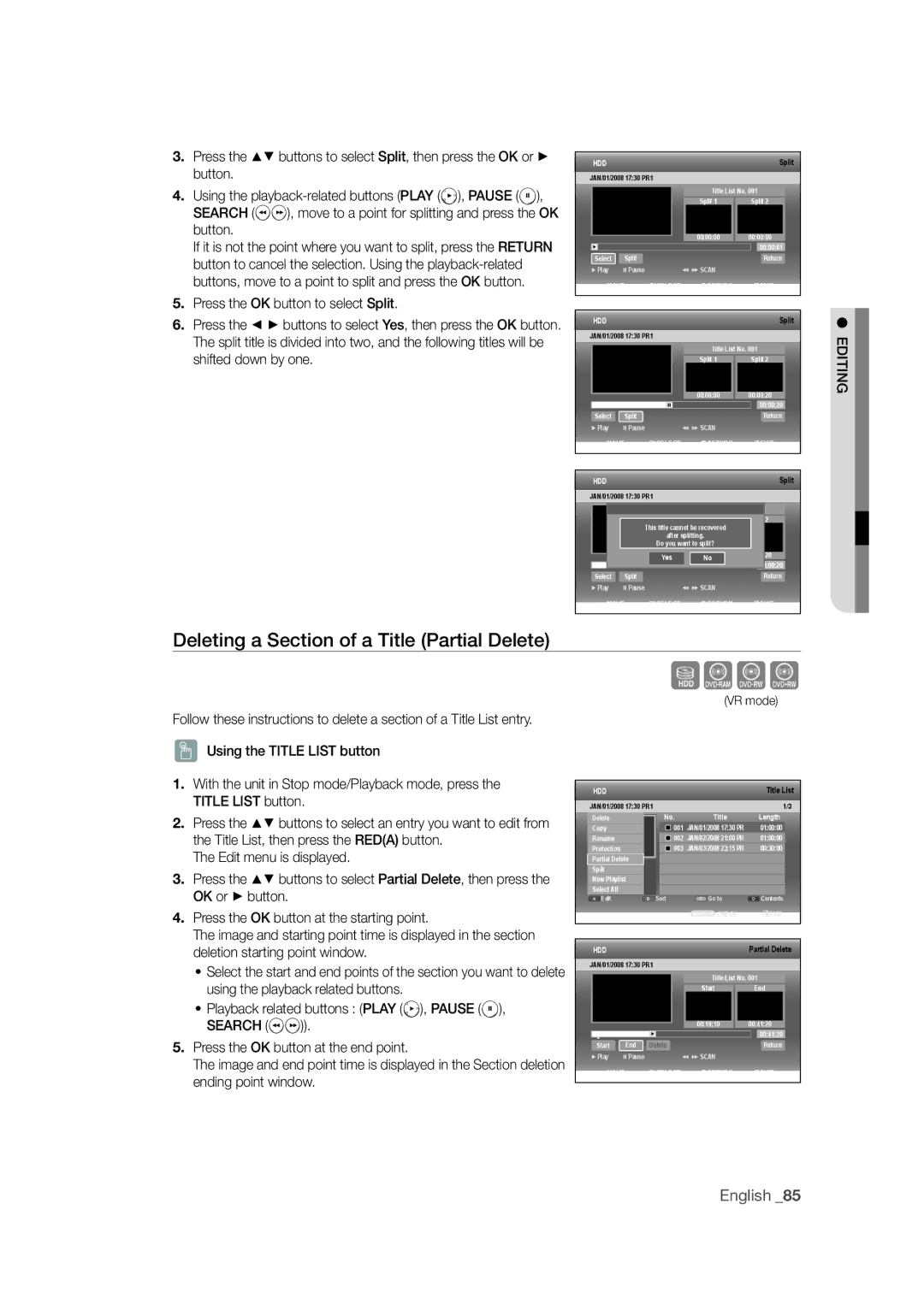 Samsung DVD-SH871M/XEU Sxck, Deleting a Section of a Title Partial Delete, Using the playback-related buttons Play , Pause 