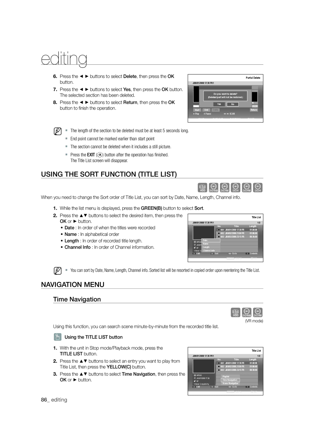 Samsung DVD-SH871M/XEU manual Sxc, Using the Sort Function Title List, Navigation Menu, Time Navigation 