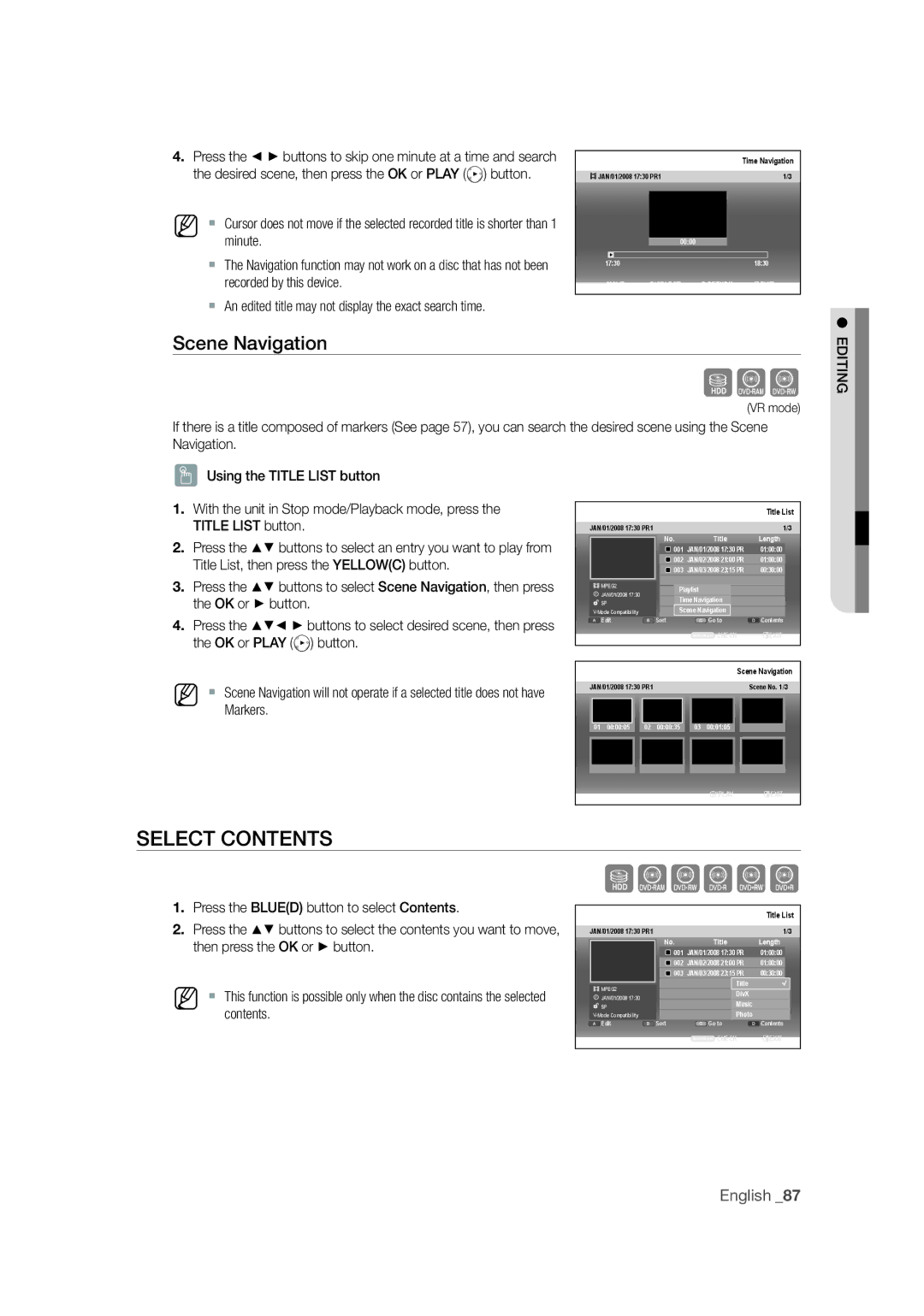 Samsung DVD-SH871M/XEU manual Select Contents, Scene Navigation,  An edited title may not display the exact search time 