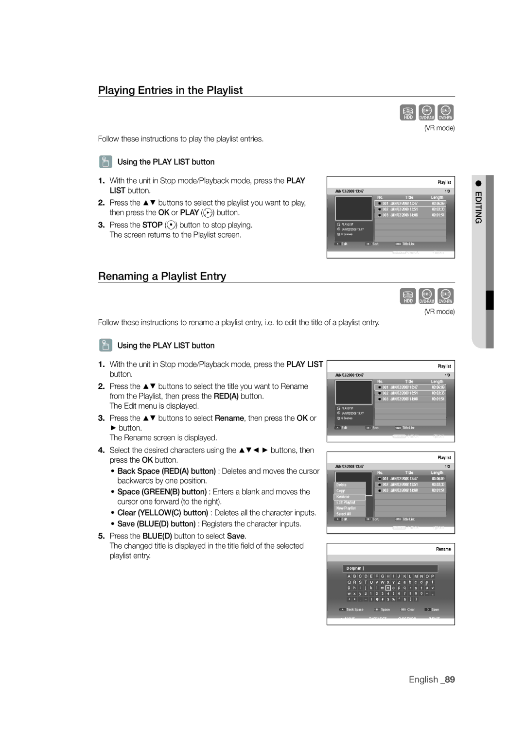 Samsung DVD-SH871M/XEU manual Playing Entries in the Playlist, Renaming a Playlist Entry 