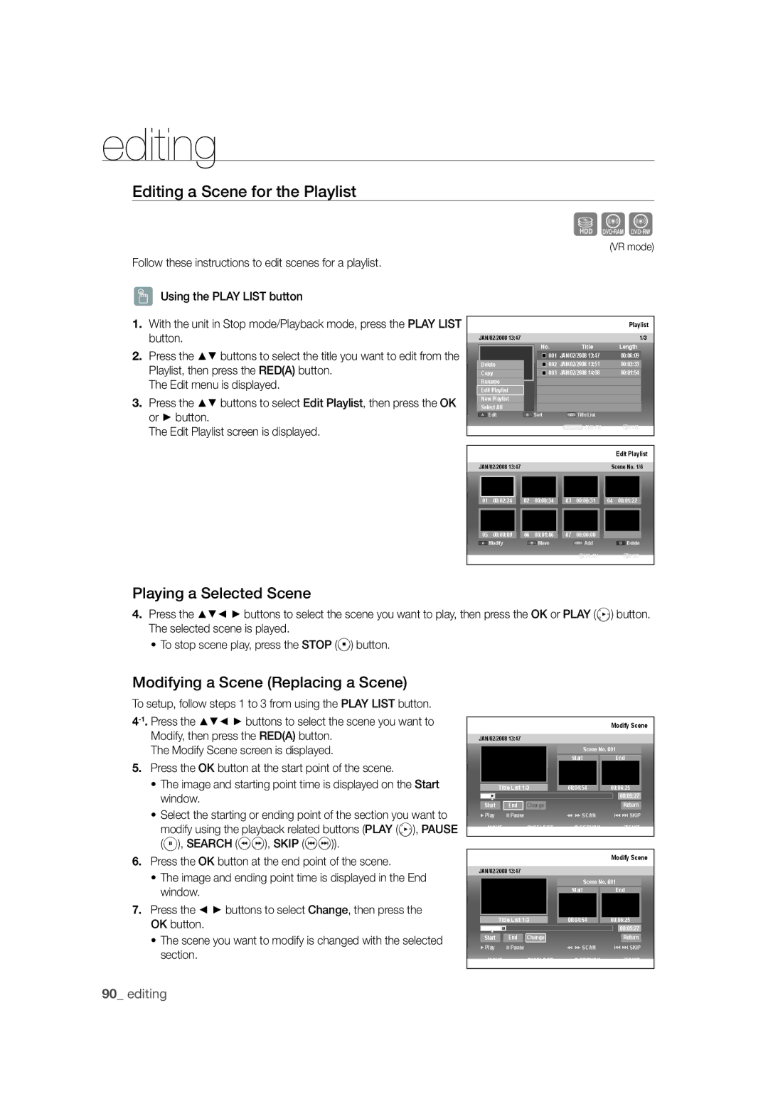 Samsung DVD-SH871M/XEU Editing a Scene for the Playlist, Playing a Selected Scene, Modifying a Scene Replacing a Scene 