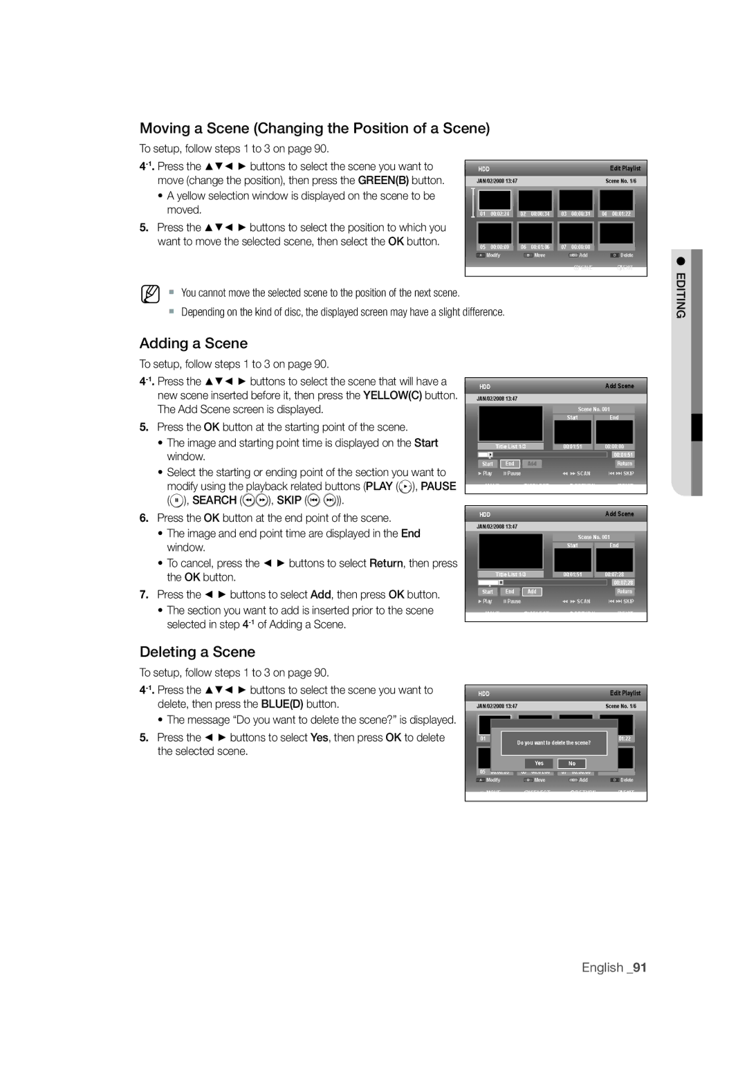 Samsung DVD-SH871M/XEU manual Moving a Scene Changing the Position of a Scene, Adding a Scene, Deleting a Scene 