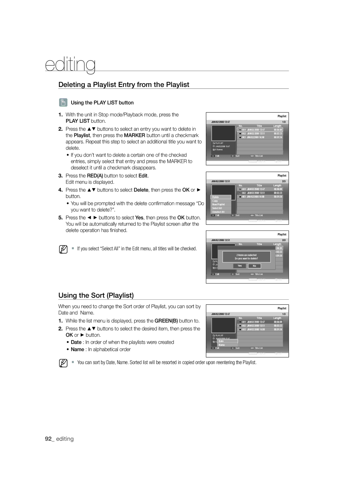 Samsung DVD-SH871M/XEU manual Deleting a Playlist Entry from the Playlist, Using the Sort Playlist 