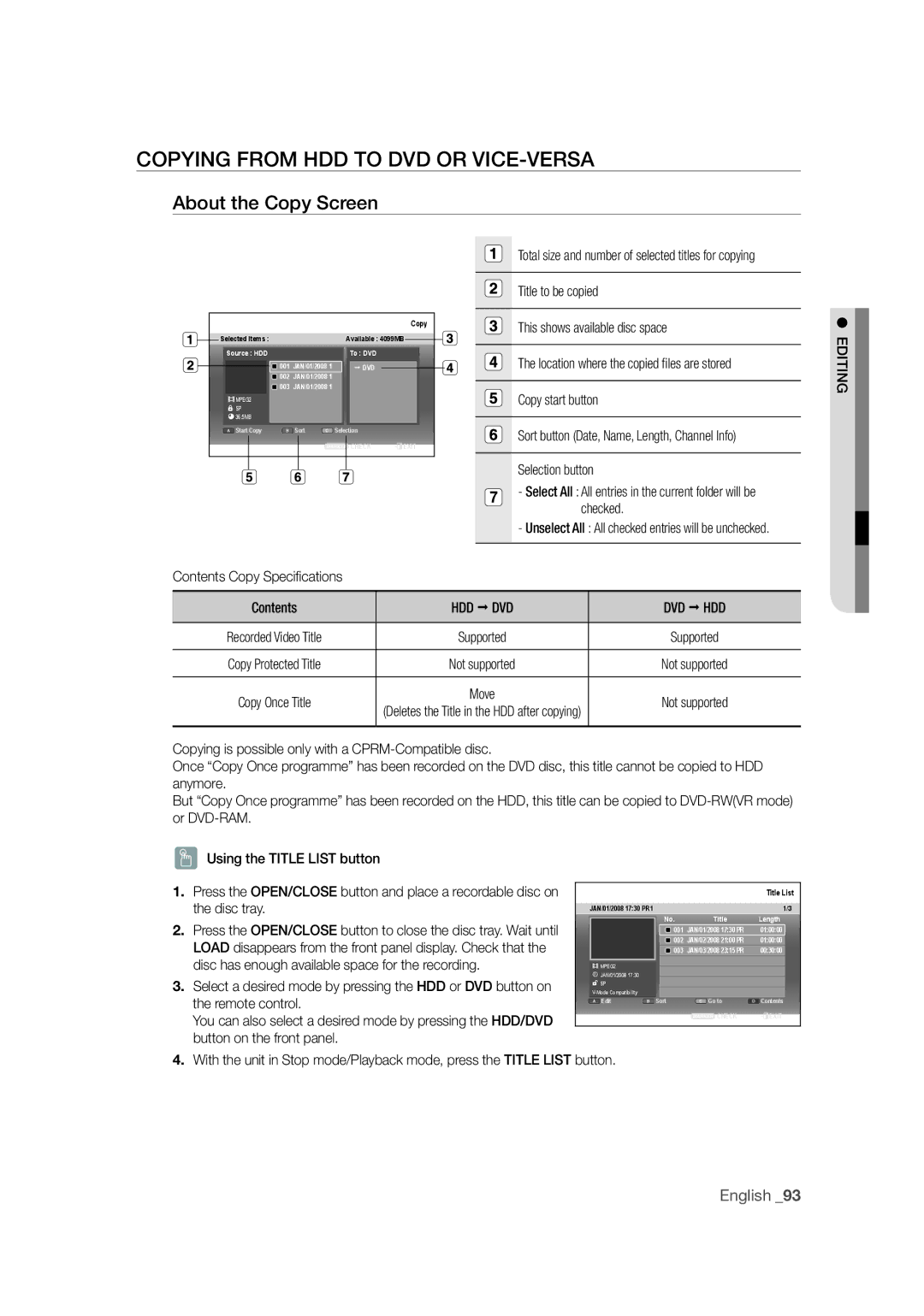 Samsung DVD-SH871M/XEU Copying from HDD to DVD or VICE-VERSA, About the Copy Screen, Selection button, Hdd Œ Dvd Dvd Œ Hdd 