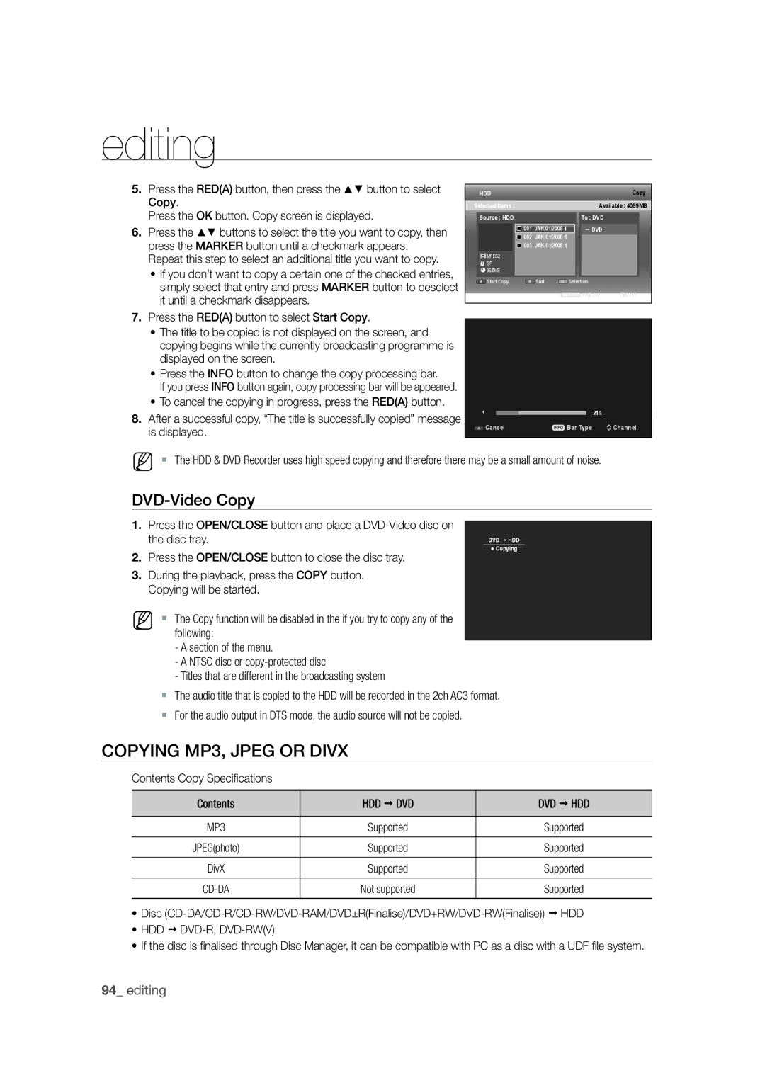 Samsung DVD-SH871M/XEU manual Copying MP3, Jpeg or Divx, DVD-Video Copy 