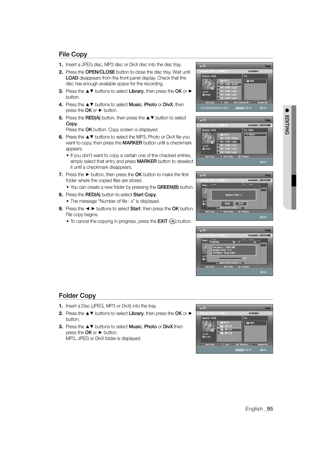 Samsung DVD-SH871M/XEU manual File Copy, Folder Copy 