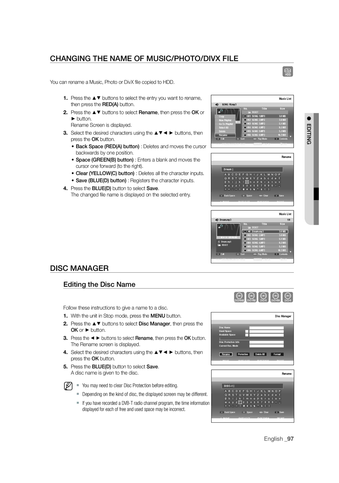 Samsung DVD-SH871M/XEU manual Xcvkl, Changing the Name of MUSIC/PHOTO/DIVX File, Disc Manager, Editing the Disc Name 