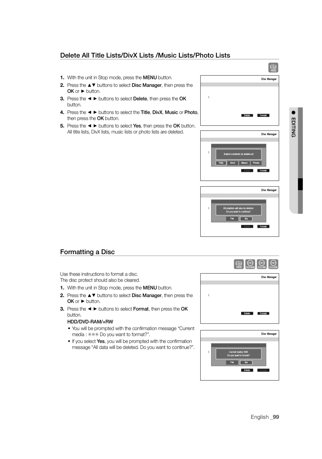 Samsung DVD-SH871M/XEU Delete All Title Lists/DivX Lists /Music Lists/Photo Lists, Formatting a Disc, Hdd/Dvd-Ram/+Rw 