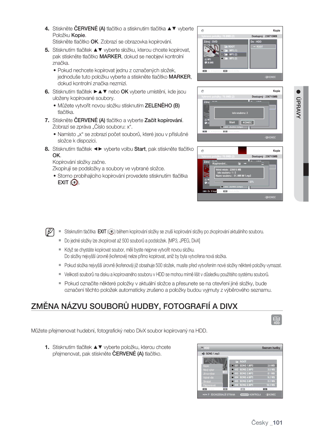 Samsung DVD-SH875/EDC, DVD-SH873/EDC, DVD-SH877/EDC manual Změna Názvu Souborů HUDBY, Fotografií a Divx 