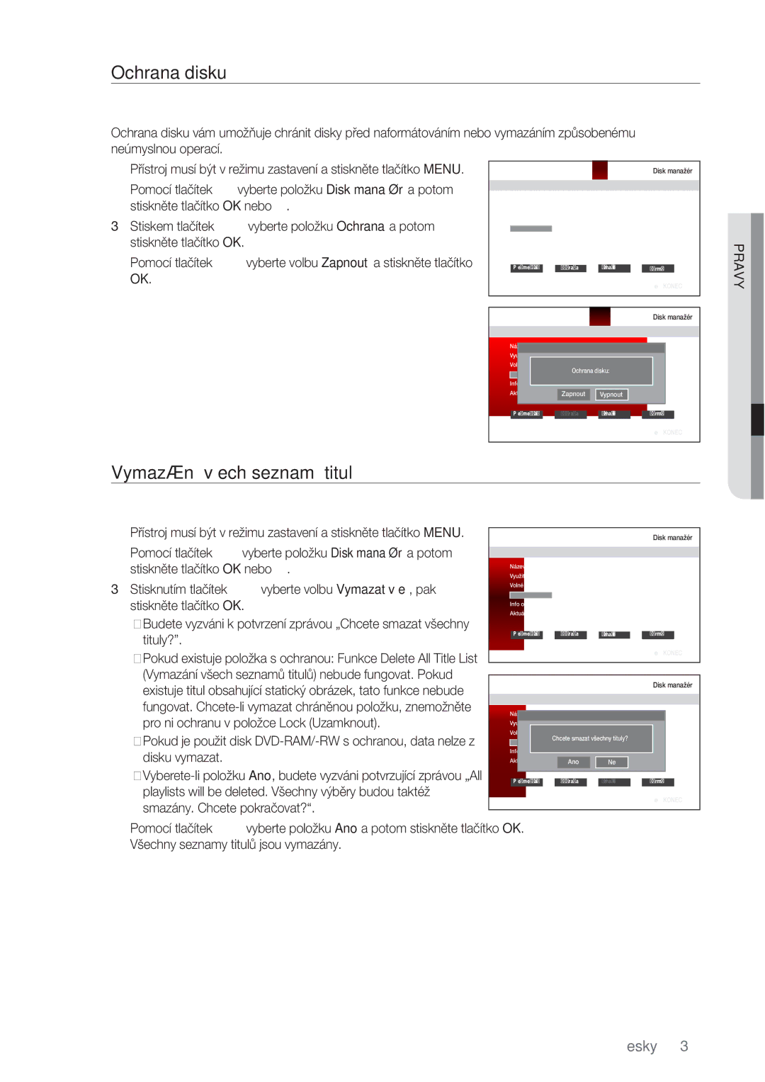 Samsung DVD-SH877/EDC, DVD-SH873/EDC, DVD-SH875/EDC manual Ochrana disku 