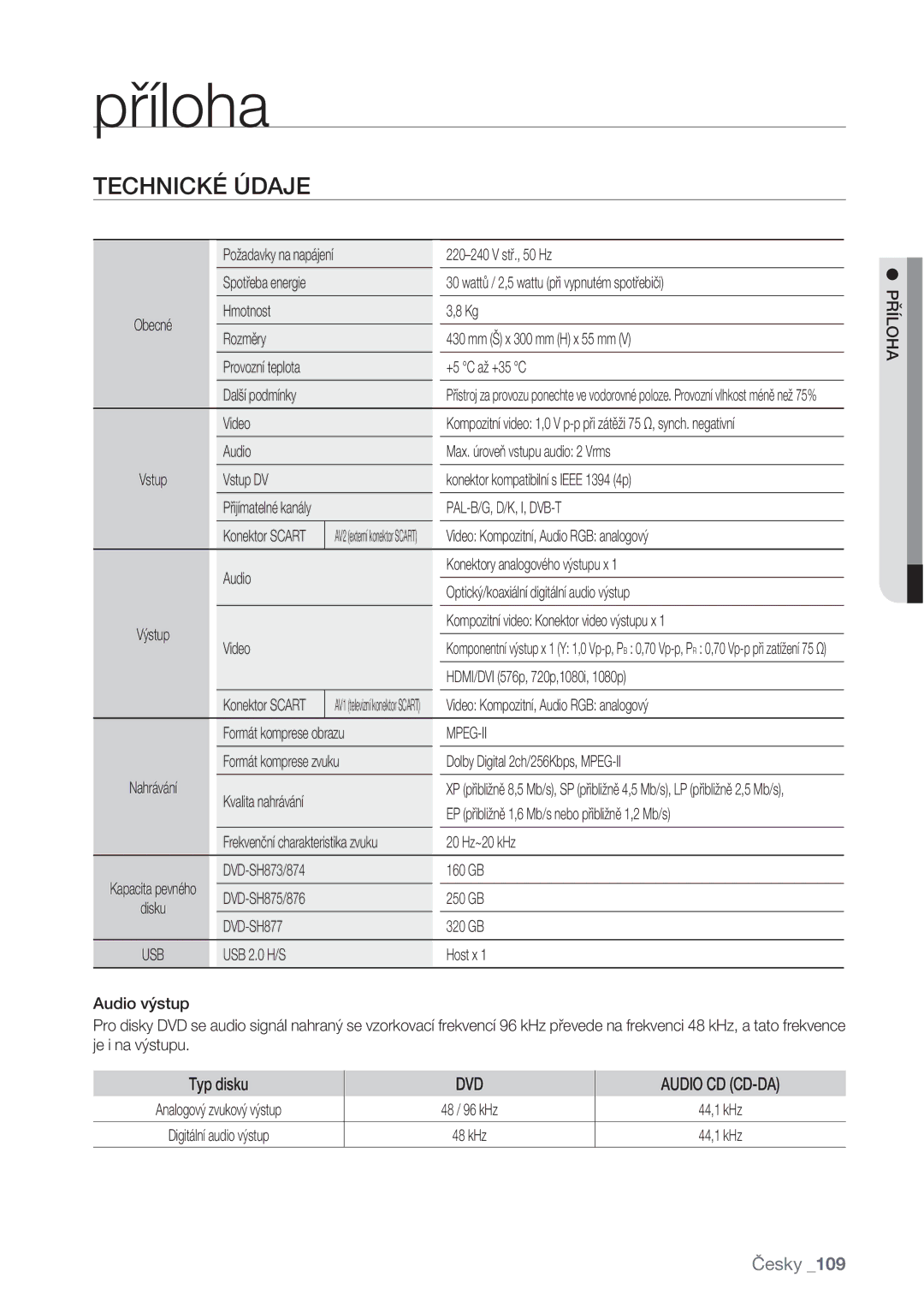 Samsung DVD-SH877/EDC, DVD-SH873/EDC, DVD-SH875/EDC manual Technické Údaje, Pal-B/G, D/K, I, Dvb-T, Mpeg-Ii, Příloha 