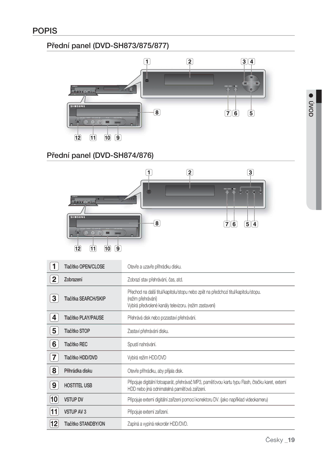 Samsung DVD-SH877/EDC, DVD-SH873/EDC, DVD-SH875/EDC manual Popis, Přední panel DVD-SH873/875/877, Přední panel DVD-SH874/876 