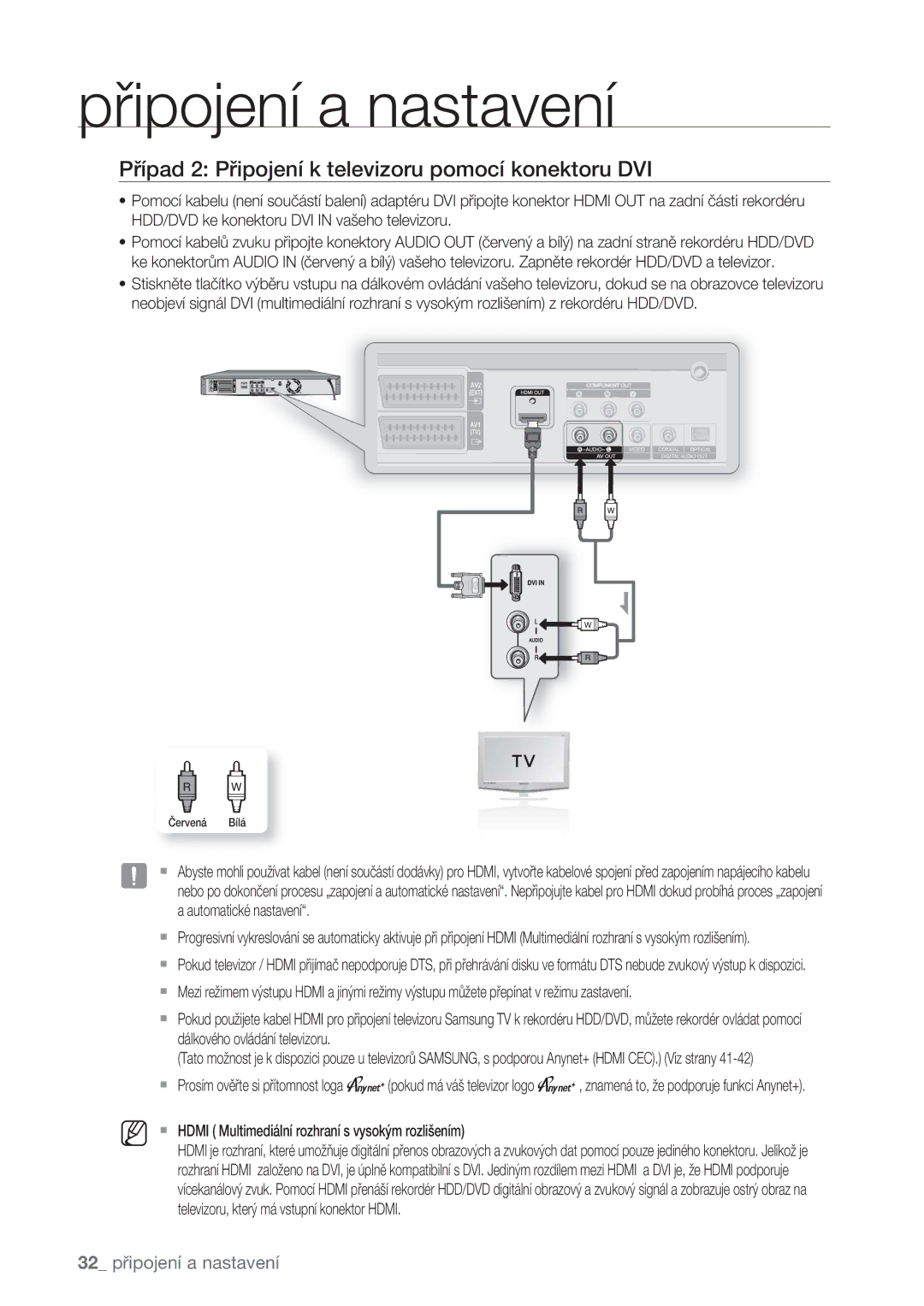 Samsung DVD-SH875/EDC, DVD-SH873/EDC manual Případ 2 Připojení k televizoru pomocí konektoru DVI, 32 připojení a nastavení 