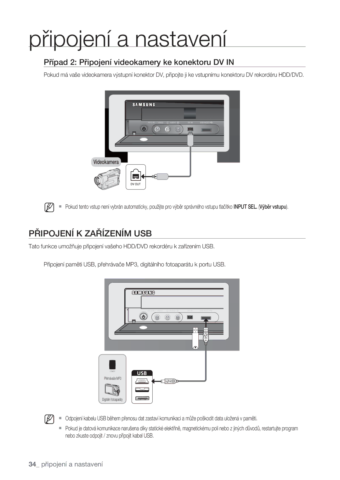 Samsung DVD-SH877/EDC manual Připojení K Zařízením USB, Případ 2 Připojení videokamery ke konektoru DV, Videokamera 