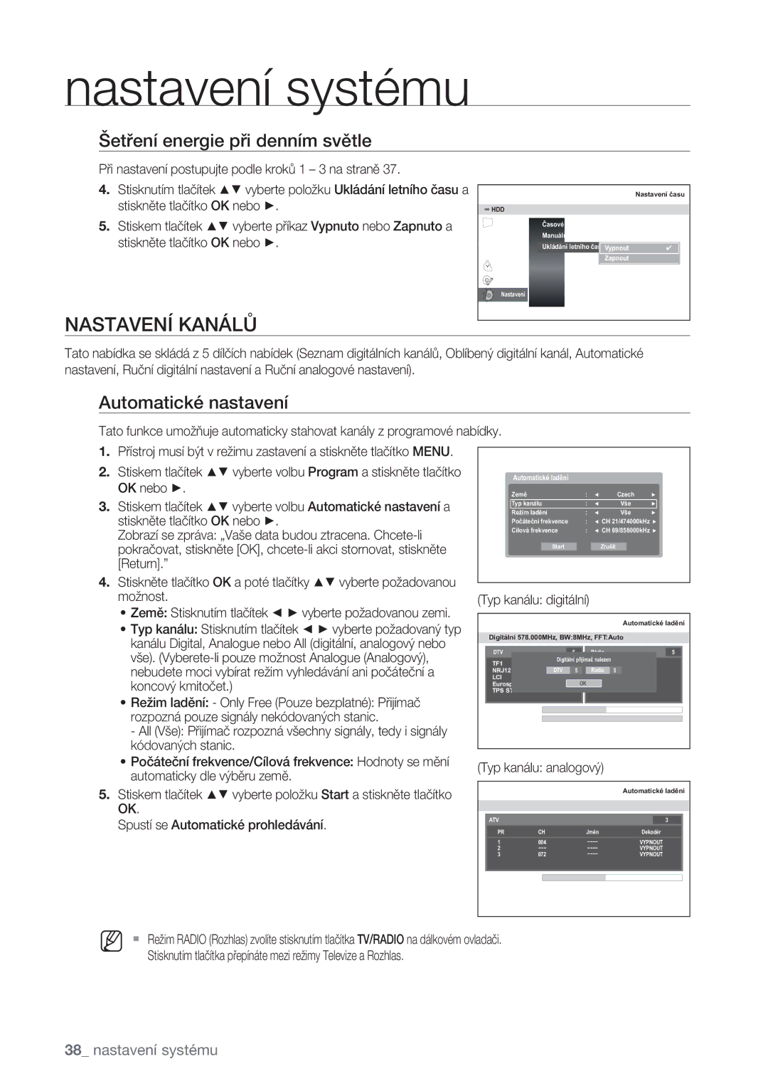 Samsung DVD-SH875/EDC, DVD-SH873/EDC manual Nastavení Kanálů, Šetření energie při denním světle, Automatické nastavení 