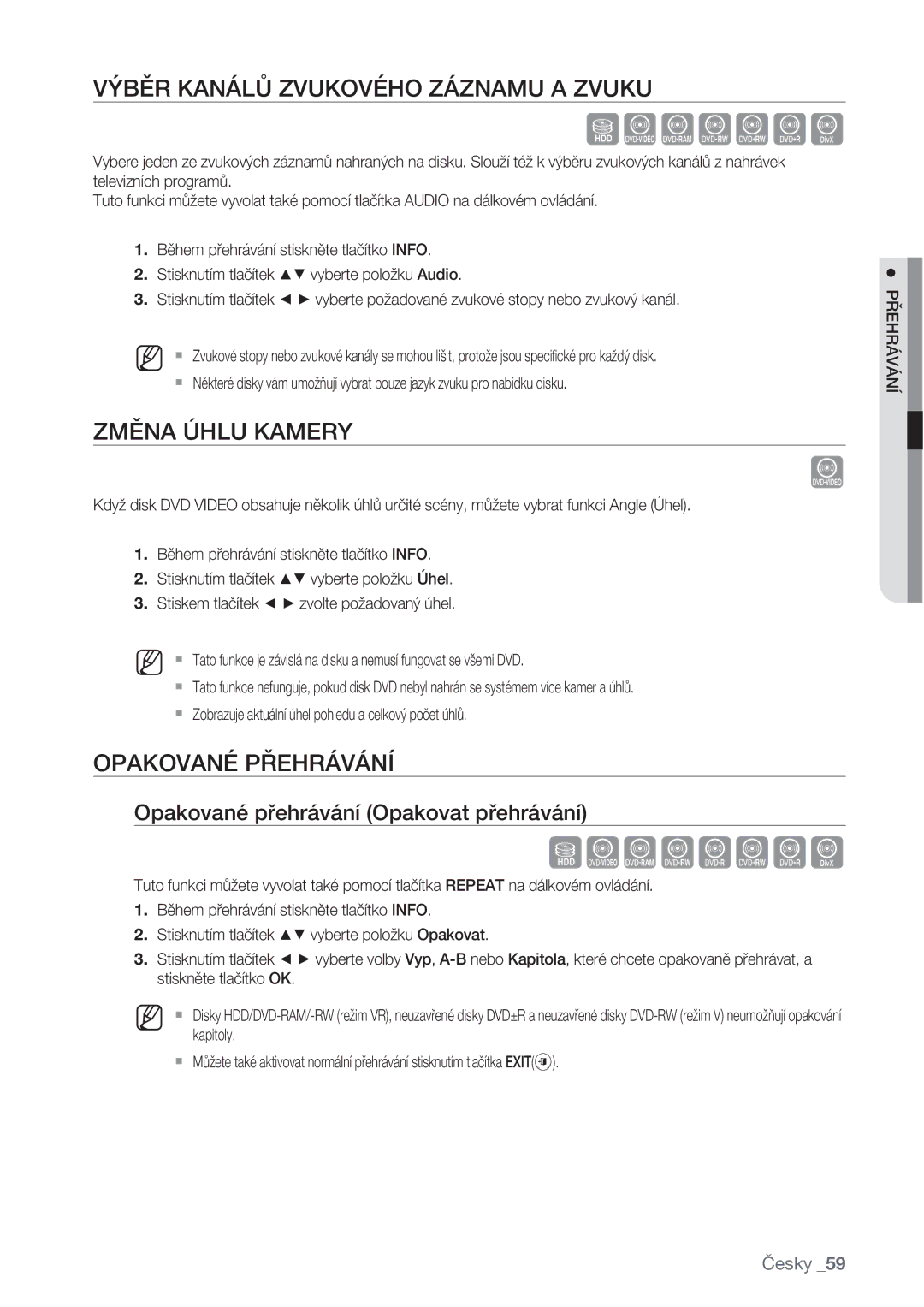 Samsung DVD-SH875/EDC, DVD-SH873/EDC manual Výběr Kanálů Zvukového Záznamu a Zvuku, Změna Úhlu Kamery, Opakované Přehrávání 