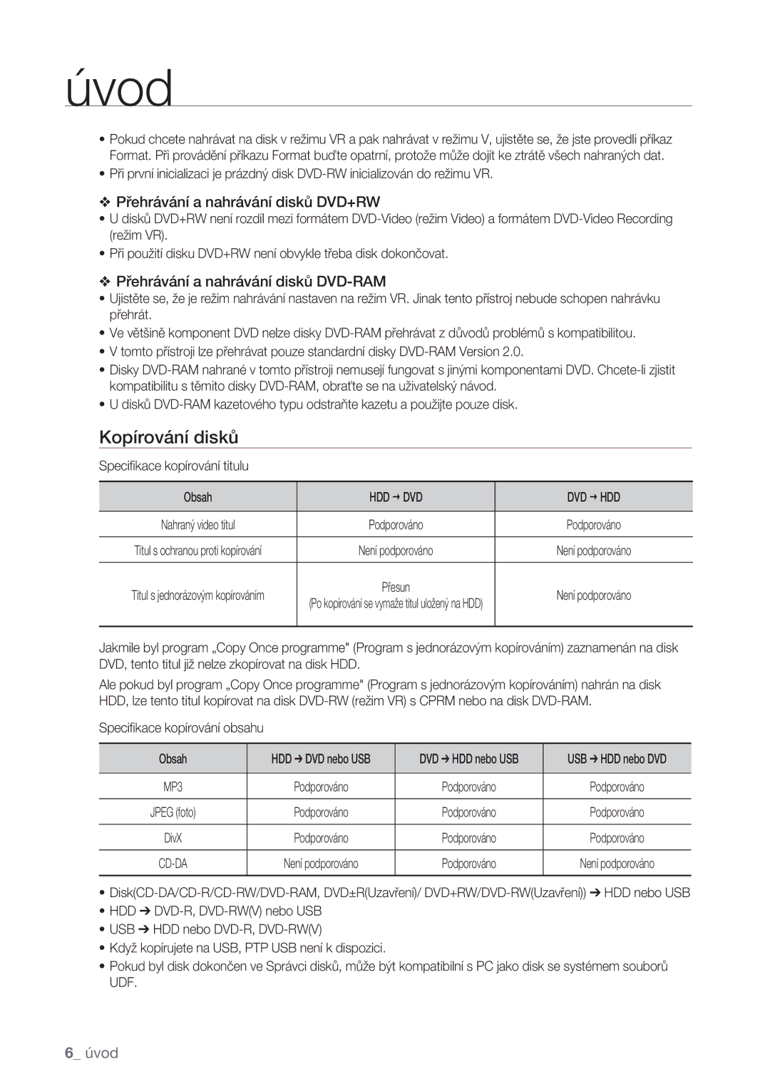 Samsung DVD-SH873/EDC, DVD-SH877/EDC manual Kopírování disků, Speciﬁkace kopírování titulu Obsah, Hdd € Dvd Dvd € Hdd 