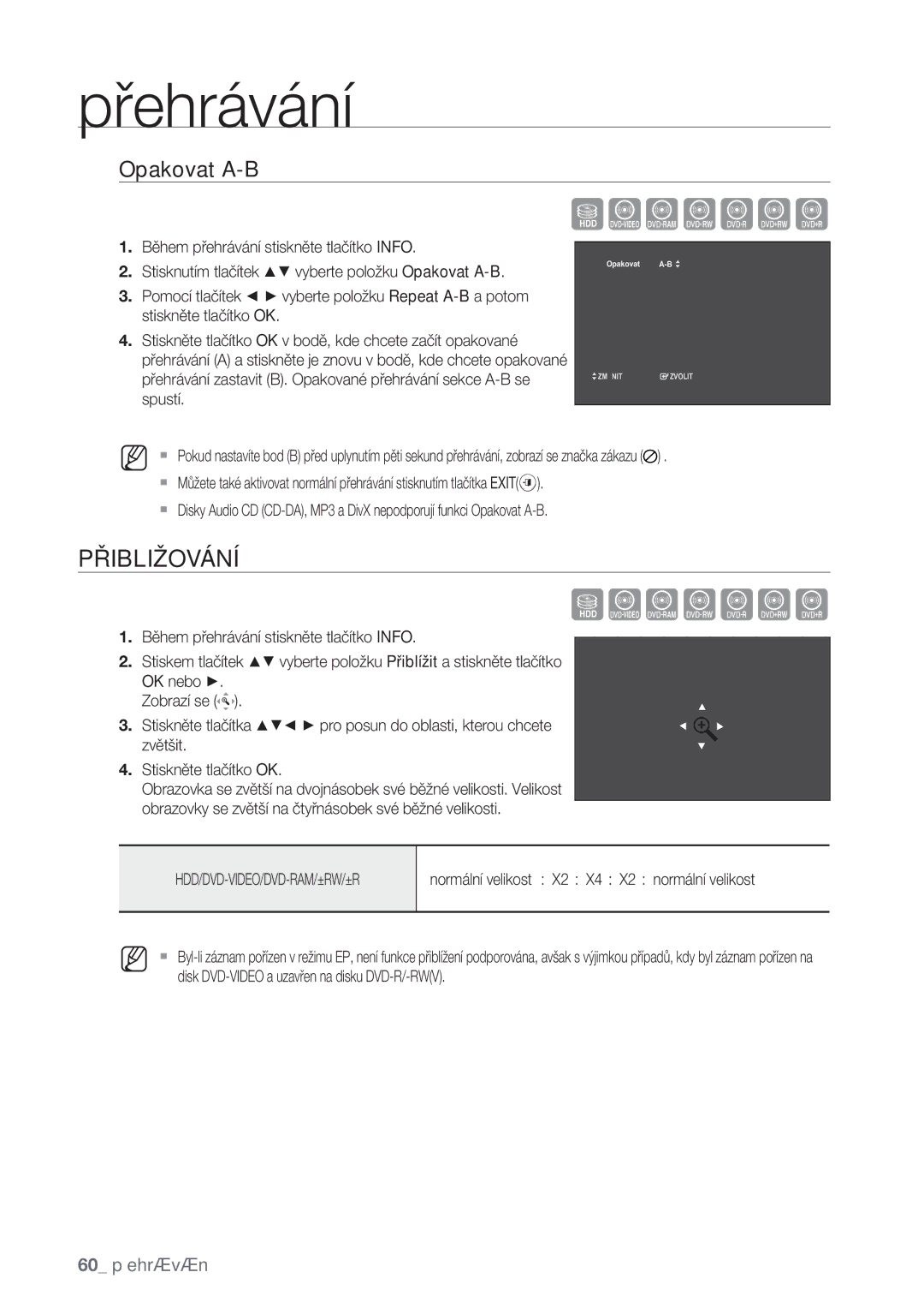 Samsung DVD-SH873/EDC, DVD-SH877/EDC manual Přibližování, Opakovat A-B, Normální velikost X2 X4 X2 normální velikost 